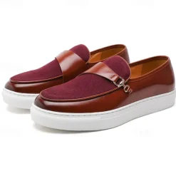 Men's Brown Faux Leather and Suede Loafers with Metal Buckle – Casual Slip-On Shoes with White Sole for Everyday Wear and Semi-Formal Occasions