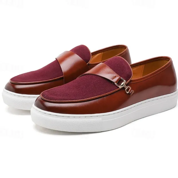 Men's Brown Faux Leather and Suede Loafers with Metal Buckle – Casual Slip-On Shoes with White Sole for Everyday Wear and Semi-Formal Occasions
