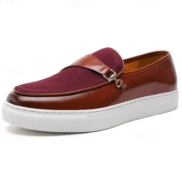 Men's Brown Faux Leather and Suede Loafers with Metal Buckle – Casual Slip-On Shoes with White Sole for Everyday Wear and Semi-Formal Occasions