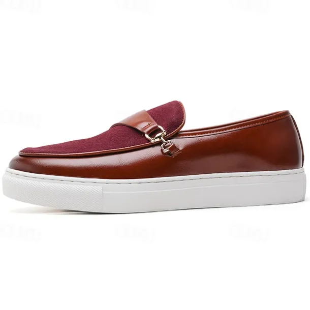 Men's Brown Faux Leather and Suede Loafers with Metal Buckle – Casual Slip-On Shoes with White Sole for Everyday Wear and Semi-Formal Occasions