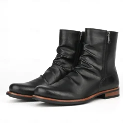 Men's Brown Faux Leather Ankle Boots with Side Zipper and Wrinkled Design – Stylish Casual Boots for Fall and Winter