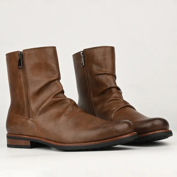 Men's Brown Faux Leather Ankle Boots with Side Zipper and Wrinkled Design – Stylish Casual Boots for Fall and Winter