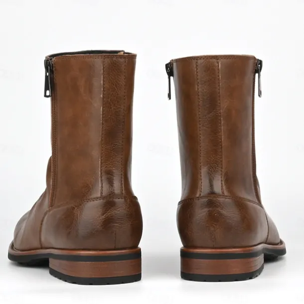 Men's Brown Faux Leather Ankle Boots with Side Zipper and Wrinkled Design – Stylish Casual Boots for Fall and Winter
