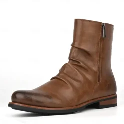 Men's Brown Faux Leather Ankle Boots with Side Zipper and Wrinkled Design – Stylish Casual Boots for Fall and Winter