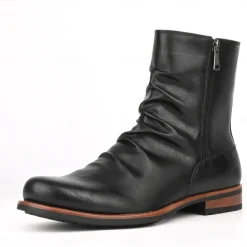 Men's Brown Faux Leather Ankle Boots with Side Zipper and Wrinkled Design – Stylish Casual Boots for Fall and Winter