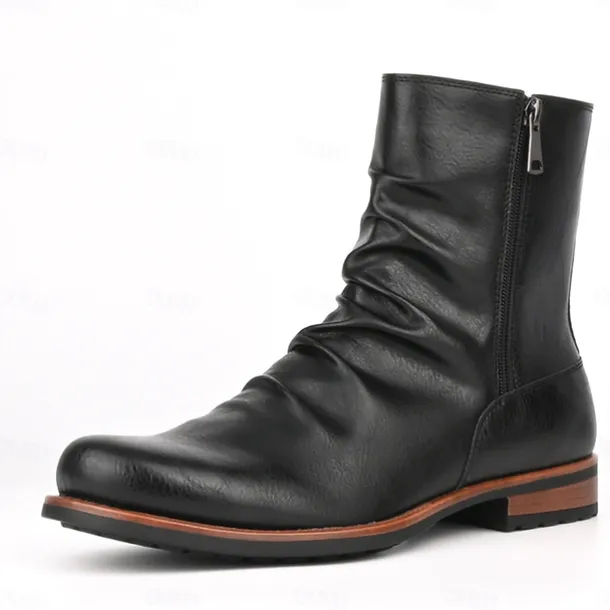 Men's Brown Faux Leather Ankle Boots with Side Zipper and Wrinkled Design – Stylish Casual Boots for Fall and Winter