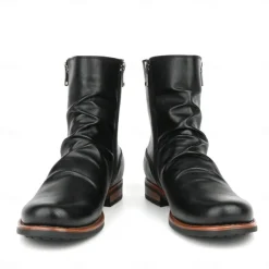 Men's Brown Faux Leather Ankle Boots with Side Zipper and Wrinkled Design – Stylish Casual Boots for Fall and Winter