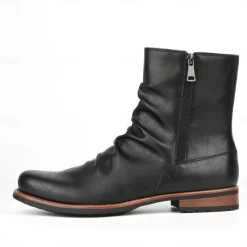 Men's Brown Faux Leather Ankle Boots with Side Zipper and Wrinkled Design – Stylish Casual Boots for Fall and Winter