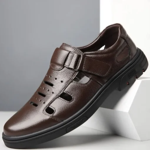 Men's Brown Faux Leather Breathable Fisherman Sandals – Velcro Strap, Casual Closed-Toe Design, Comfortable Summer Footwear for Outdoors and Daily Wear