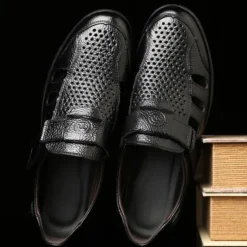 Men's Brown Faux Leather Breathable Closed-Toe Sandals – Casual Slip-On Cutout Design Shoes for Summer Walking, Daily Wear, and Outdoor Activities