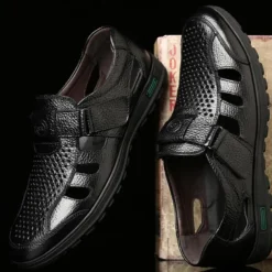 Men's Brown Faux Leather Breathable Closed-Toe Sandals – Casual Slip-On Cutout Design Shoes for Summer Walking, Daily Wear, and Outdoor Activities