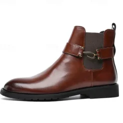 Men's Brown Faux Leather Chelsea Boots with Buckle Strap, Polished Finish, and Rugged Sole – Classic Casual & Formal Footwear