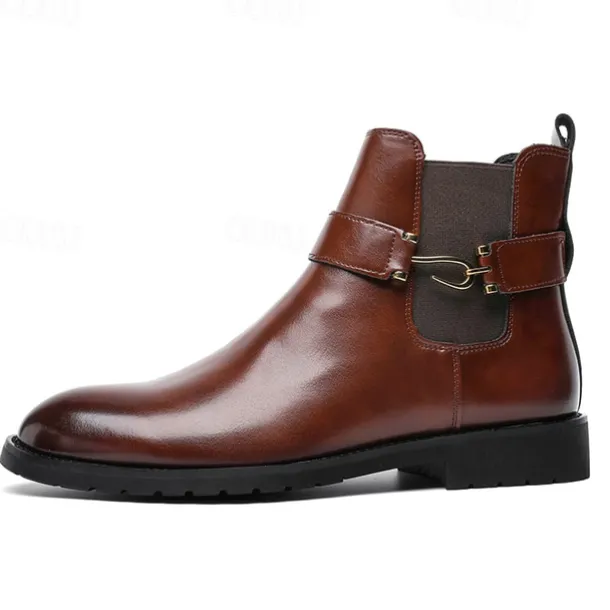 Men's Brown Faux Leather Chelsea Boots with Buckle Strap, Polished Finish, and Rugged Sole – Classic Casual & Formal Footwear