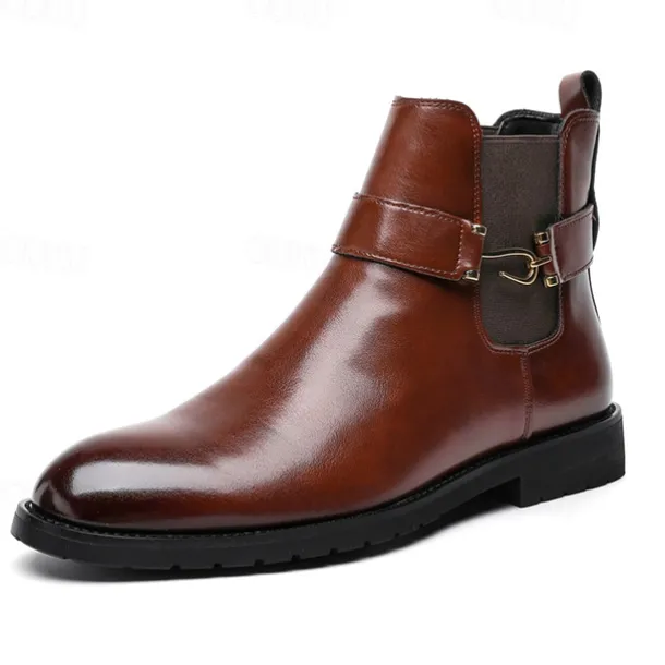 Men's Brown Faux Leather Chelsea Boots with Buckle Strap, Polished Finish, and Rugged Sole – Classic Casual & Formal Footwear