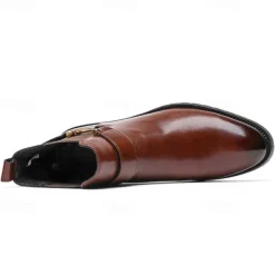 Men's Brown Faux Leather Chelsea Boots with Buckle Strap, Polished Finish, and Rugged Sole – Classic Casual & Formal Footwear