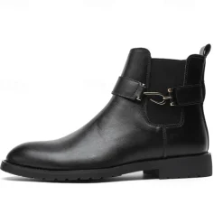 Men's Brown Faux Leather Chelsea Boots with Buckle Strap, Polished Finish, and Rugged Sole – Classic Casual & Formal Footwear
