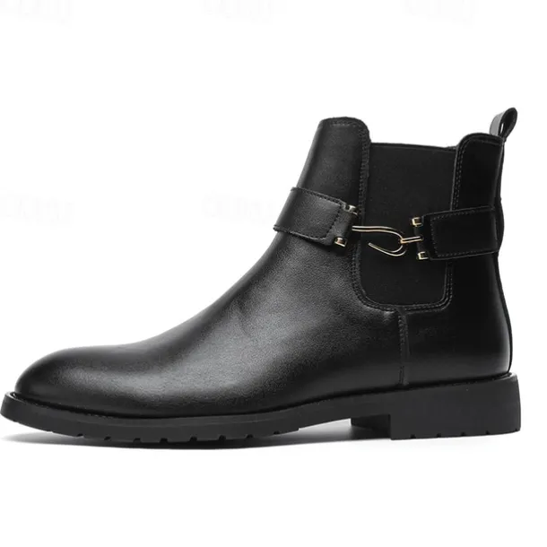 Men's Brown Faux Leather Chelsea Boots with Buckle Strap, Polished Finish, and Rugged Sole – Classic Casual & Formal Footwear
