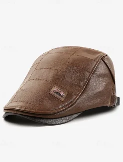 Men's Brown Faux Leather Flat Cap with Quilted Design – Classic Vintage Newsboy Hat for Casual and Outdoor Wear