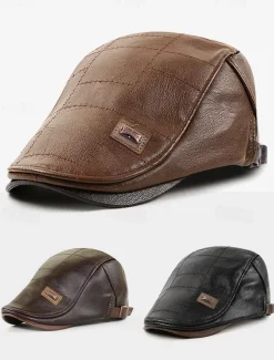 Men's Brown Faux Leather Flat Cap with Quilted Design – Classic Vintage Newsboy Hat for Casual and Outdoor Wear