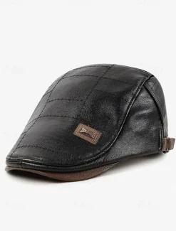 Men's Brown Faux Leather Flat Cap with Quilted Design – Classic Vintage Newsboy Hat for Casual and Outdoor Wear