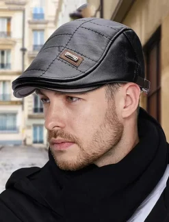 Men's Brown Faux Leather Flat Cap with Quilted Design – Classic Vintage Newsboy Hat for Casual and Outdoor Wear