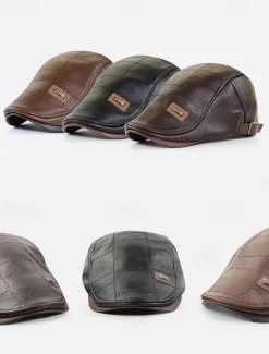 Men's Brown Faux Leather Flat Cap with Quilted Design – Classic Vintage Newsboy Hat for Casual and Outdoor Wear