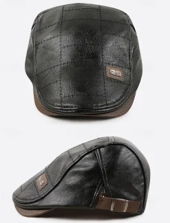 Men's Brown Faux Leather Flat Cap with Quilted Design – Classic Vintage Newsboy Hat for Casual and Outdoor Wear