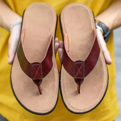 Men's Brown Faux Leather Flip Flops - Casual Open-Toe Summer Sandals with Comfortable Sole for Beach and Everyday Wear