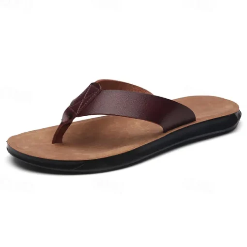 Men's Brown Faux Leather Flip Flops - Casual Open-Toe Summer Sandals with Comfortable Sole for Beach and Everyday Wear