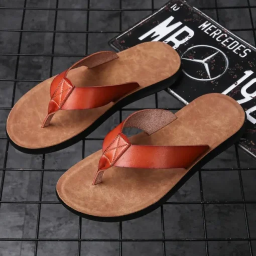 Men's Brown Faux Leather Flip Flops - Casual Open-Toe Summer Sandals with Comfortable Sole for Beach and Everyday Wear