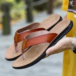 Men's Brown Faux Leather Flip Flops - Casual Open-Toe Summer Sandals with Comfortable Sole for Beach and Everyday Wear