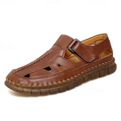 Men's Brown Faux Leather Fisherman Sandals with Velcro Strap, Breathable Design and Comfortable Sole for Summer, Outdoor Activities and Beach Wear