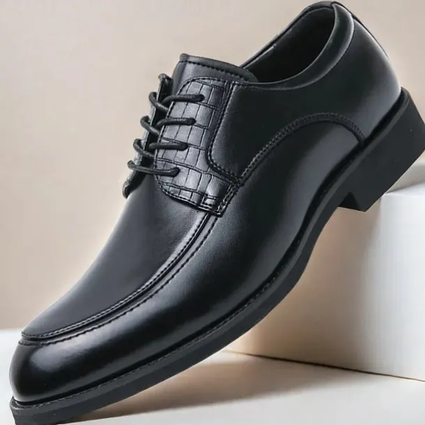 Men's Brown Faux Leather Lace-Up Dress Shoes with Woven Detail, Classic Formal Style, Comfortable for Weddings and Business Events