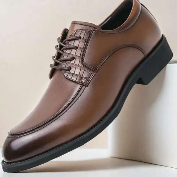 Men's Brown Faux Leather Lace-Up Dress Shoes with Woven Detail, Classic Formal Style, Comfortable for Weddings and Business Events