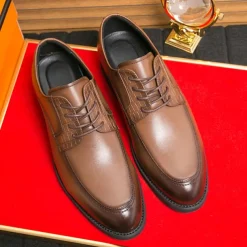 Men's Brown Faux Leather Lace-Up Dress Shoes with Woven Detail, Classic Formal Style, Comfortable for Weddings and Business Events