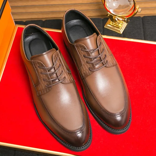 Men's Brown Faux Leather Lace-Up Dress Shoes with Woven Detail, Classic Formal Style, Comfortable for Weddings and Business Events