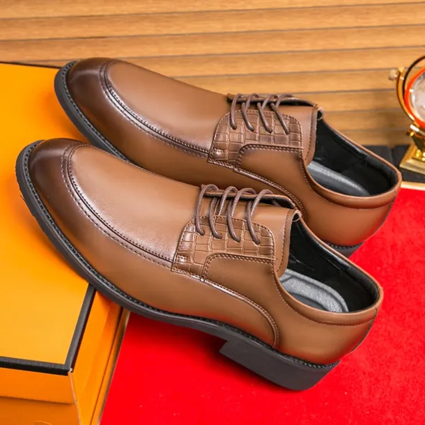 Men's Brown Faux Leather Lace-Up Dress Shoes with Woven Detail, Classic Formal Style, Comfortable for Weddings and Business Events