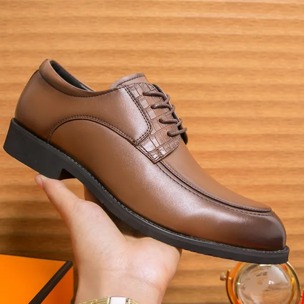 Men's Brown Faux Leather Lace-Up Dress Shoes with Woven Detail, Classic Formal Style, Comfortable for Weddings and Business Events