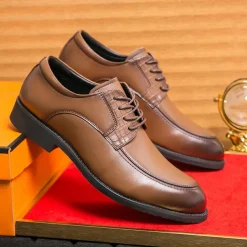 Men's Brown Faux Leather Lace-Up Dress Shoes with Woven Detail, Classic Formal Style, Comfortable for Weddings and Business Events
