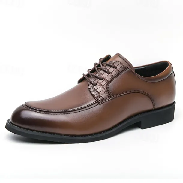 Men's Brown Faux Leather Lace-Up Dress Shoes with Woven Detail, Classic Formal Style, Comfortable for Weddings and Business Events