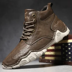 Men's Brown Faux Leather Lace-Up Ankle Boots | Durable Outdoor Footwear with Non-Slip Sole for Hiking and Casual Wear