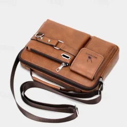 Men's Brown Faux Leather Messenger Bag with Multiple Pockets and Adjustable Strap - Stylish and Functional Crossbody Bag for Travel and Daily Use