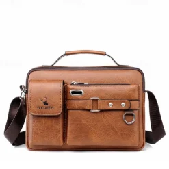 Men's Brown Faux Leather Messenger Bag with Multiple Pockets and Adjustable Strap - Stylish and Functional Crossbody Bag for Travel and Daily Use