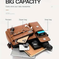 Men's Brown Faux Leather Messenger Bag with Multiple Pockets and Adjustable Strap - Stylish and Functional Crossbody Bag for Travel and Daily Use