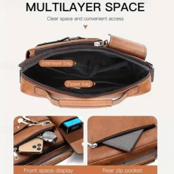 Men's Brown Faux Leather Messenger Bag with Multiple Pockets and Adjustable Strap - Stylish and Functional Crossbody Bag for Travel and Daily Use
