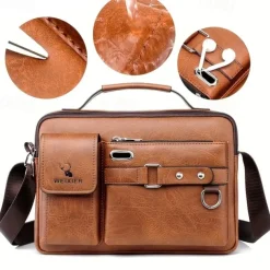 Men's Brown Faux Leather Messenger Bag with Multiple Pockets and Adjustable Strap - Stylish and Functional Crossbody Bag for Travel and Daily Use