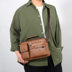Men's Brown Faux Leather Messenger Bag with Multiple Pockets and Adjustable Strap - Stylish and Functional Crossbody Bag for Travel and Daily Use
