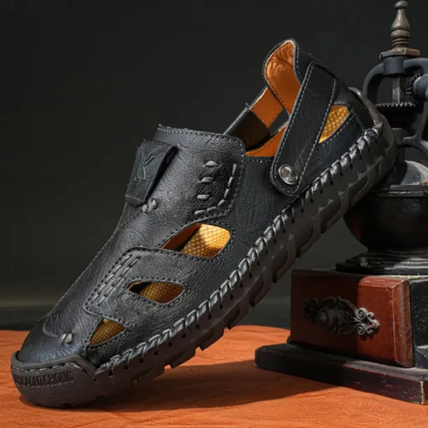 Men's Brown Faux Leather Sandals with Perforated Design, Adjustable Strap, and Durable Sole – Comfortable for Casual Wear, Outdoor and Summer Activities