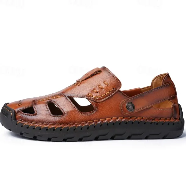 Men's Brown Faux Leather Sandals with Perforated Design, Adjustable Strap, and Durable Sole – Comfortable for Casual Wear, Outdoor and Summer Activities