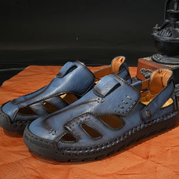 Men's Brown Faux Leather Sandals with Perforated Design, Adjustable Strap, and Durable Sole – Comfortable for Casual Wear, Outdoor and Summer Activities